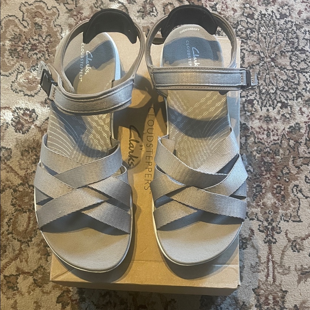Clarks Light Gray Strappy Sandals Cloudsteppers
